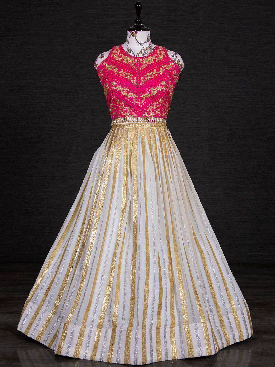 Pink and gold embroidered lehenga choli with striped skirt, Indian ethnic wear