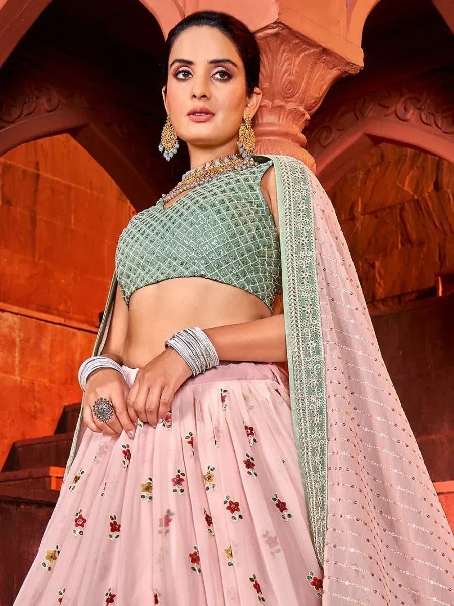 Pink floral lehenga with green embroidered blouse and dupatta, Indian ethnic wear for women