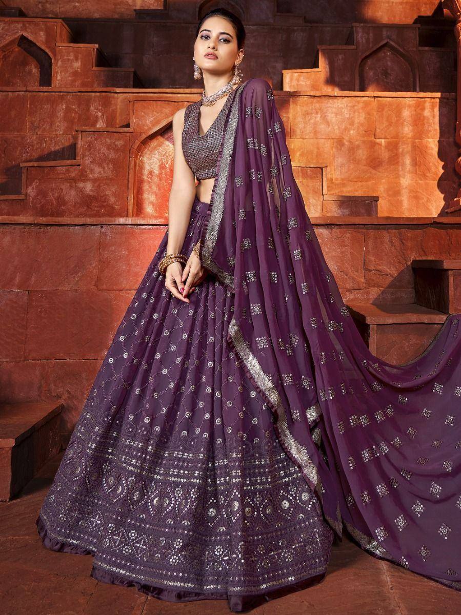 Purple designer lehenga choli with silver embroidery, perfect for Indian ethnic wear occasions