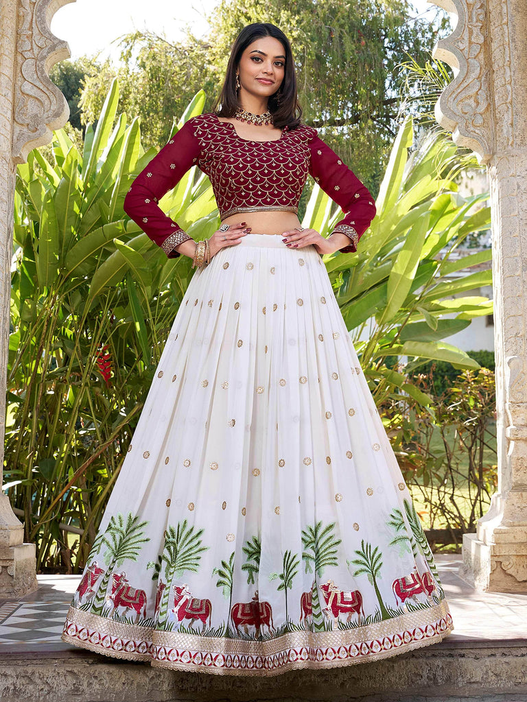 Timeless White Georgette Sequins Embroidered Lehenga Choli With Dupatta