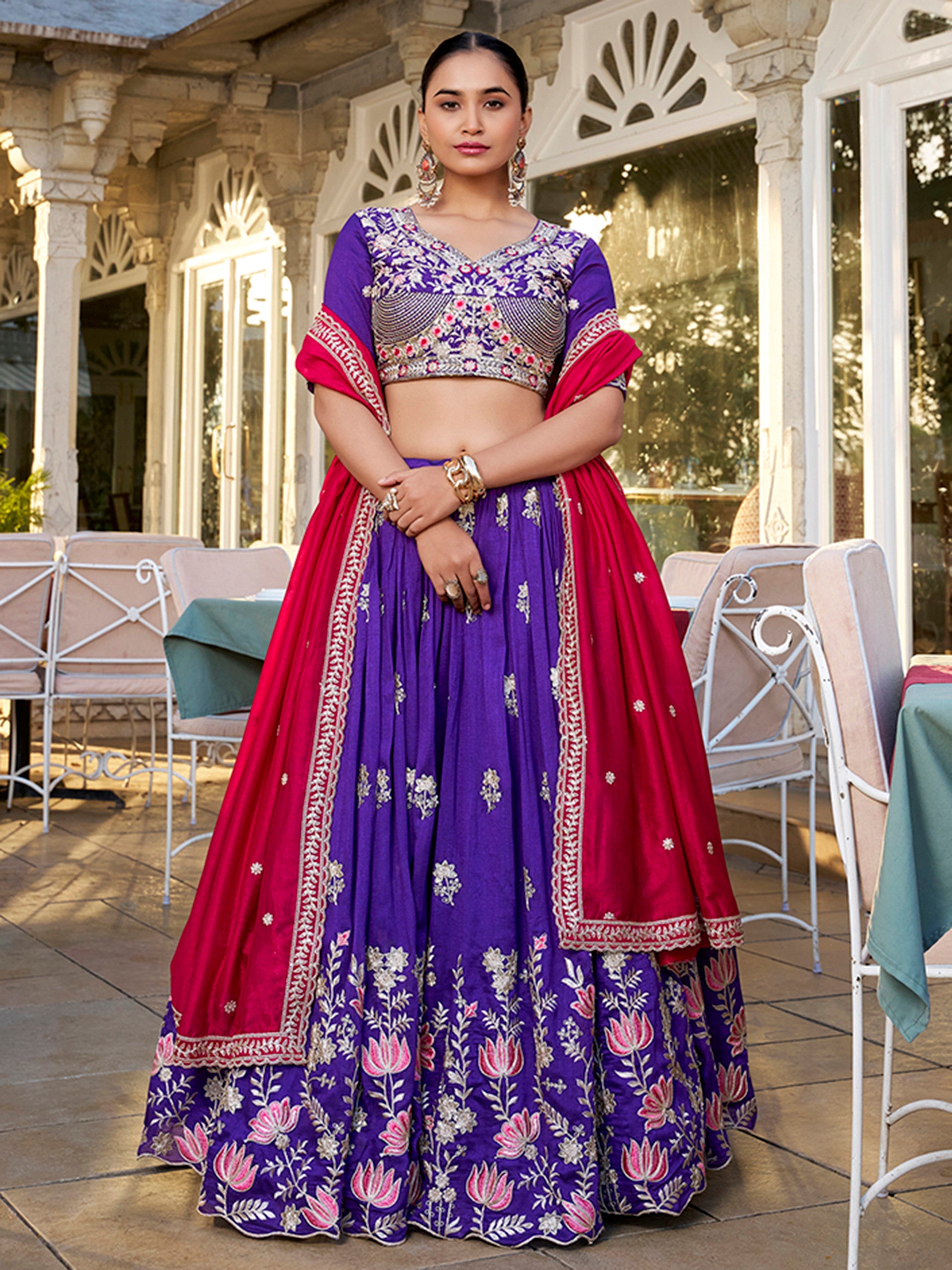 Elite Purple Embroidered Silk Wedding Wear Lehenga Choli With Dupatta