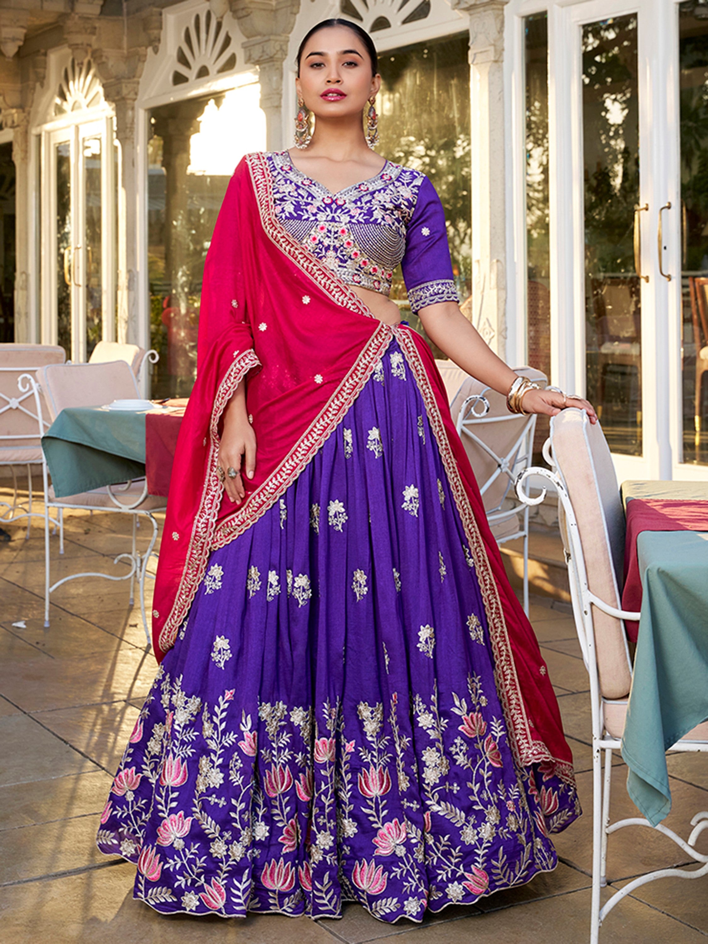 Elite Purple Embroidered Silk Wedding Wear Lehenga Choli With Dupatta