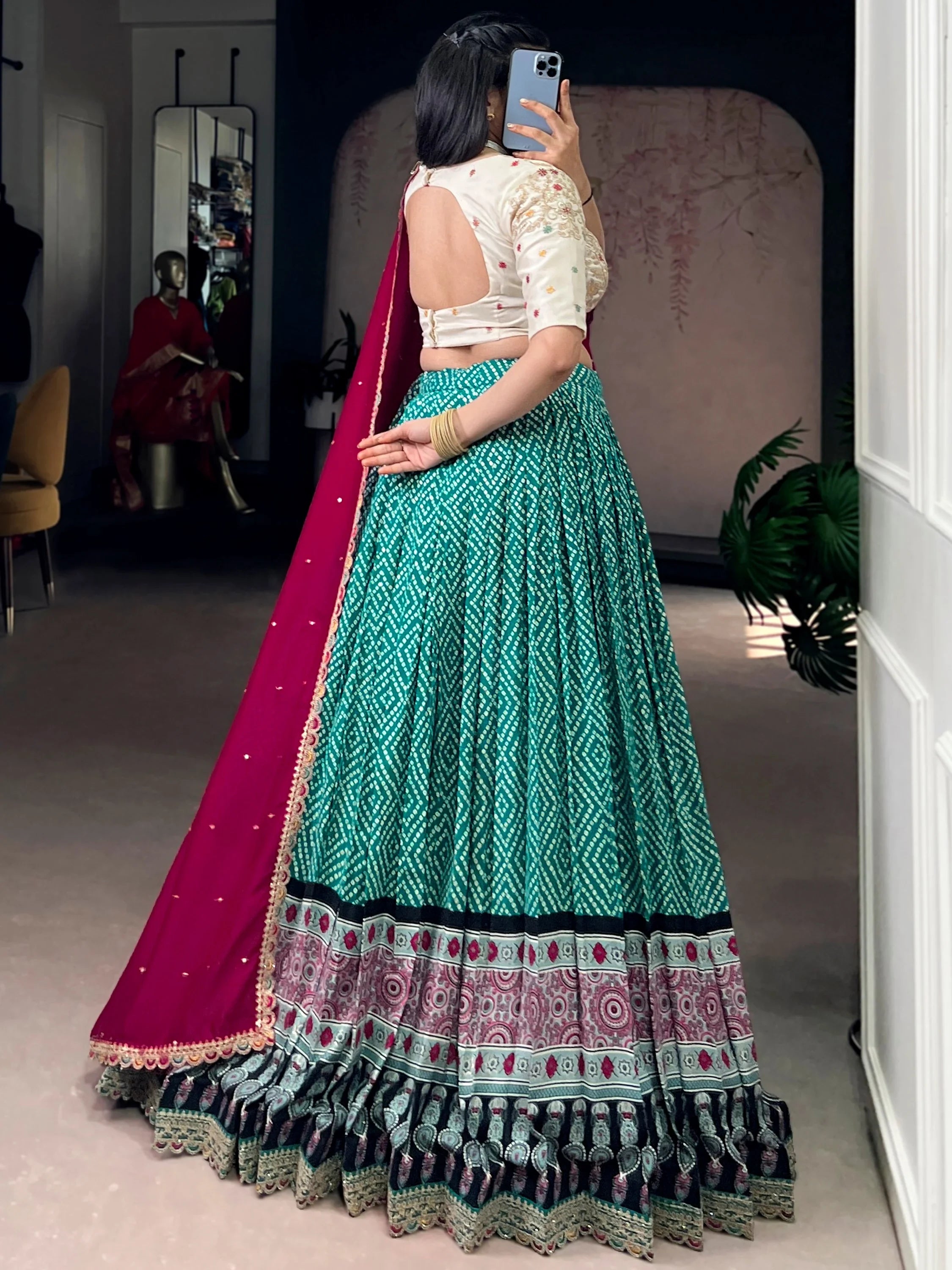 Attractive Green Bandhani Printed Rayon Wedding Wear Lehenga Choli