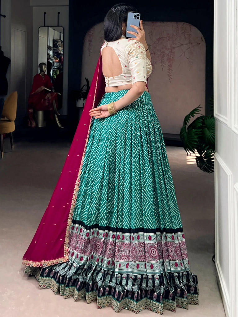 Attractive Green Bandhani Printed Rayon Wedding Wear Lehenga Choli