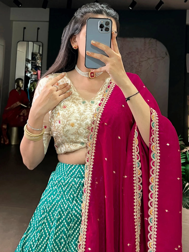 Attractive Green Bandhani Printed Rayon Wedding Wear Lehenga Choli