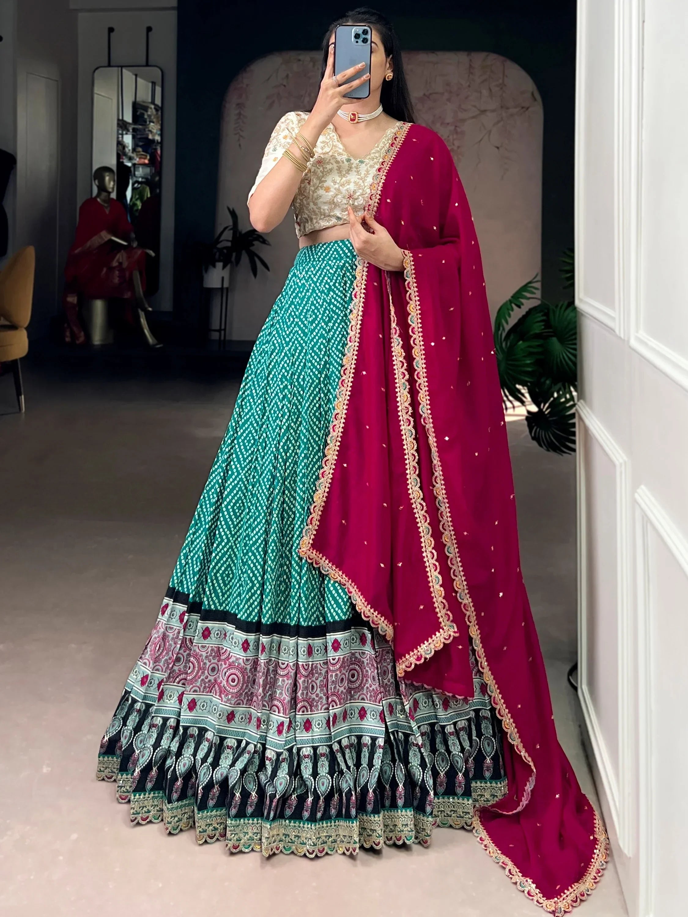 Attractive Green Bandhani Printed Rayon Wedding Wear Lehenga Choli