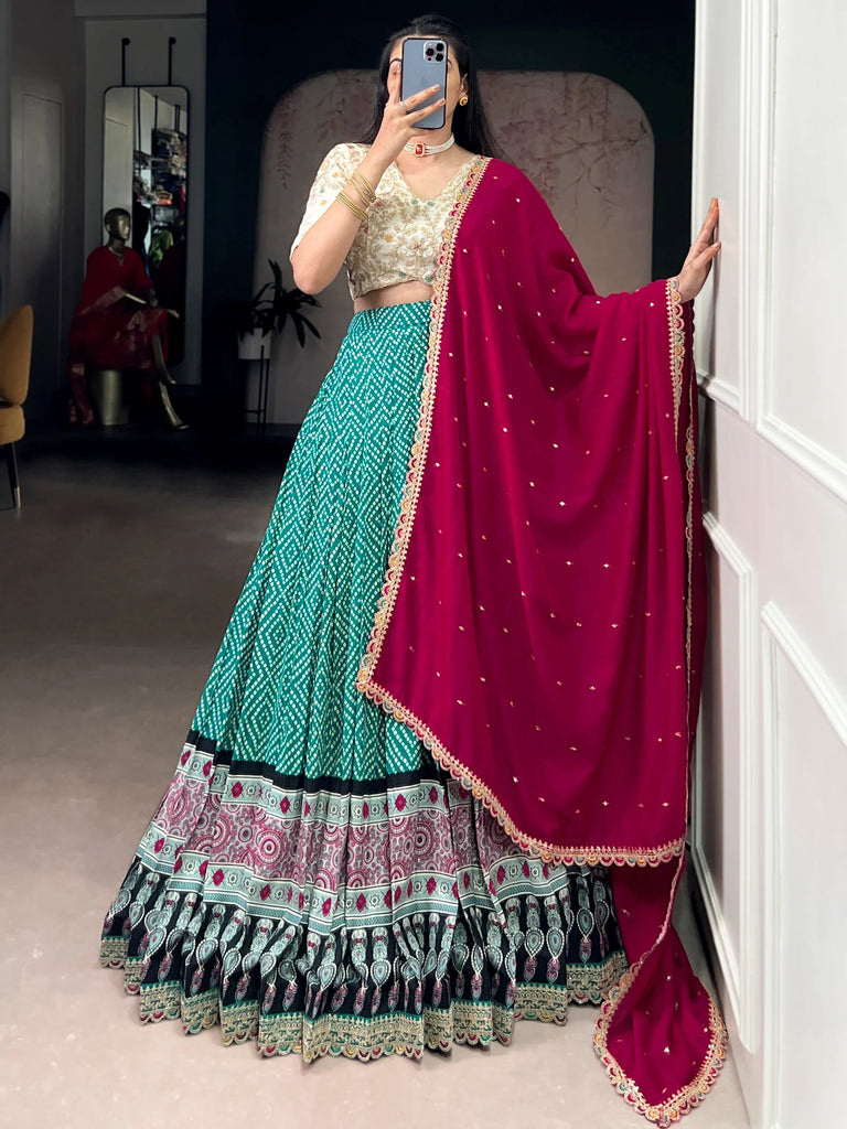 Attractive Green Bandhani Printed Rayon Wedding Wear Lehenga Choli