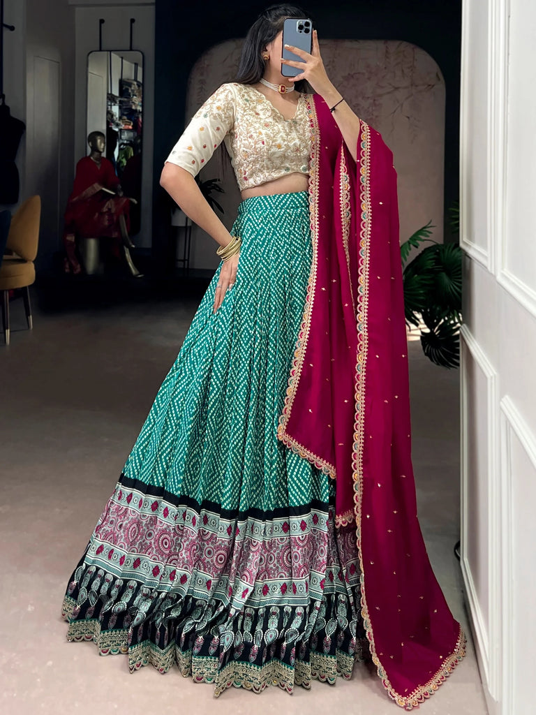 Attractive Green Bandhani Printed Rayon Wedding Wear Lehenga Choli