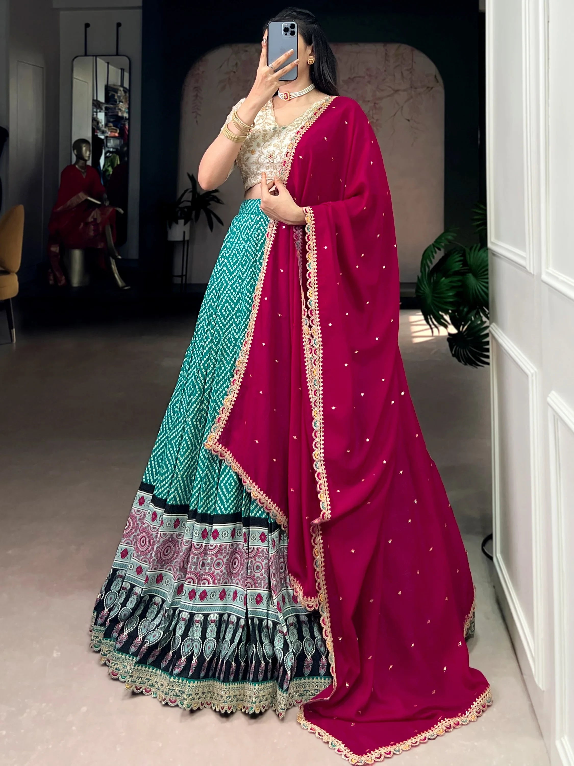 Attractive Green Bandhani Printed Rayon Wedding Wear Lehenga Choli