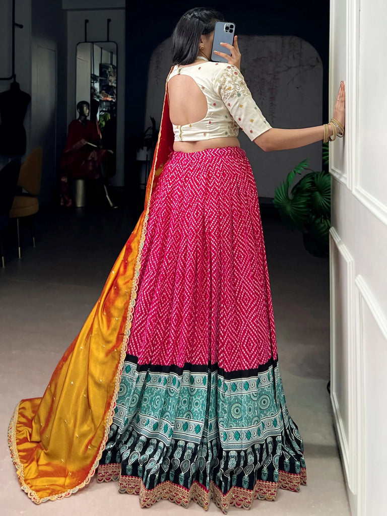Awesome Pink Bandhani Printed Rayon Festival Wear Lehenga Choli