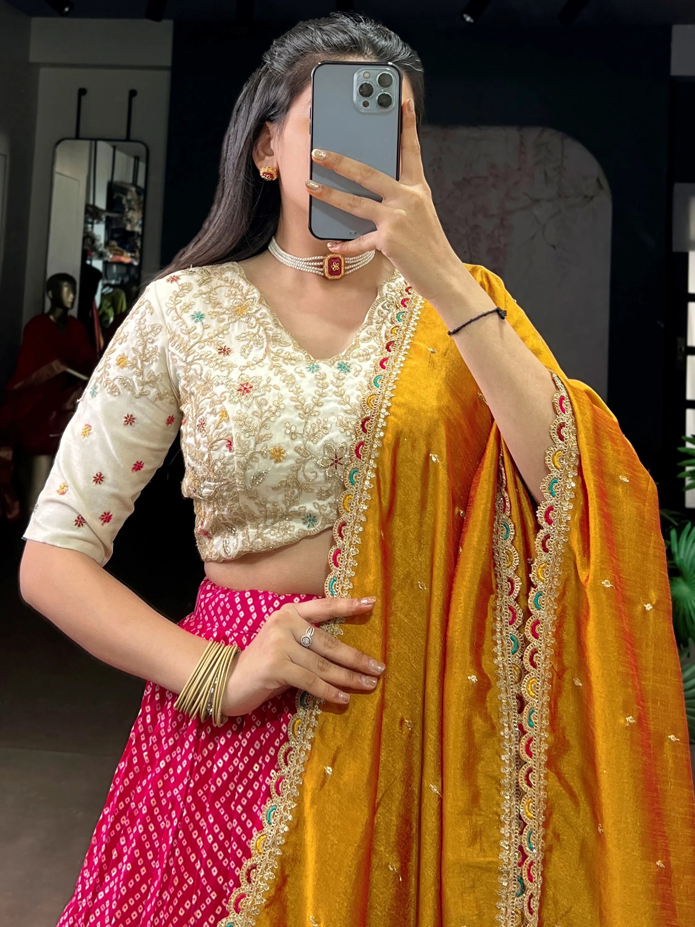 Awesome Pink Bandhani Printed Rayon Festival Wear Lehenga Choli