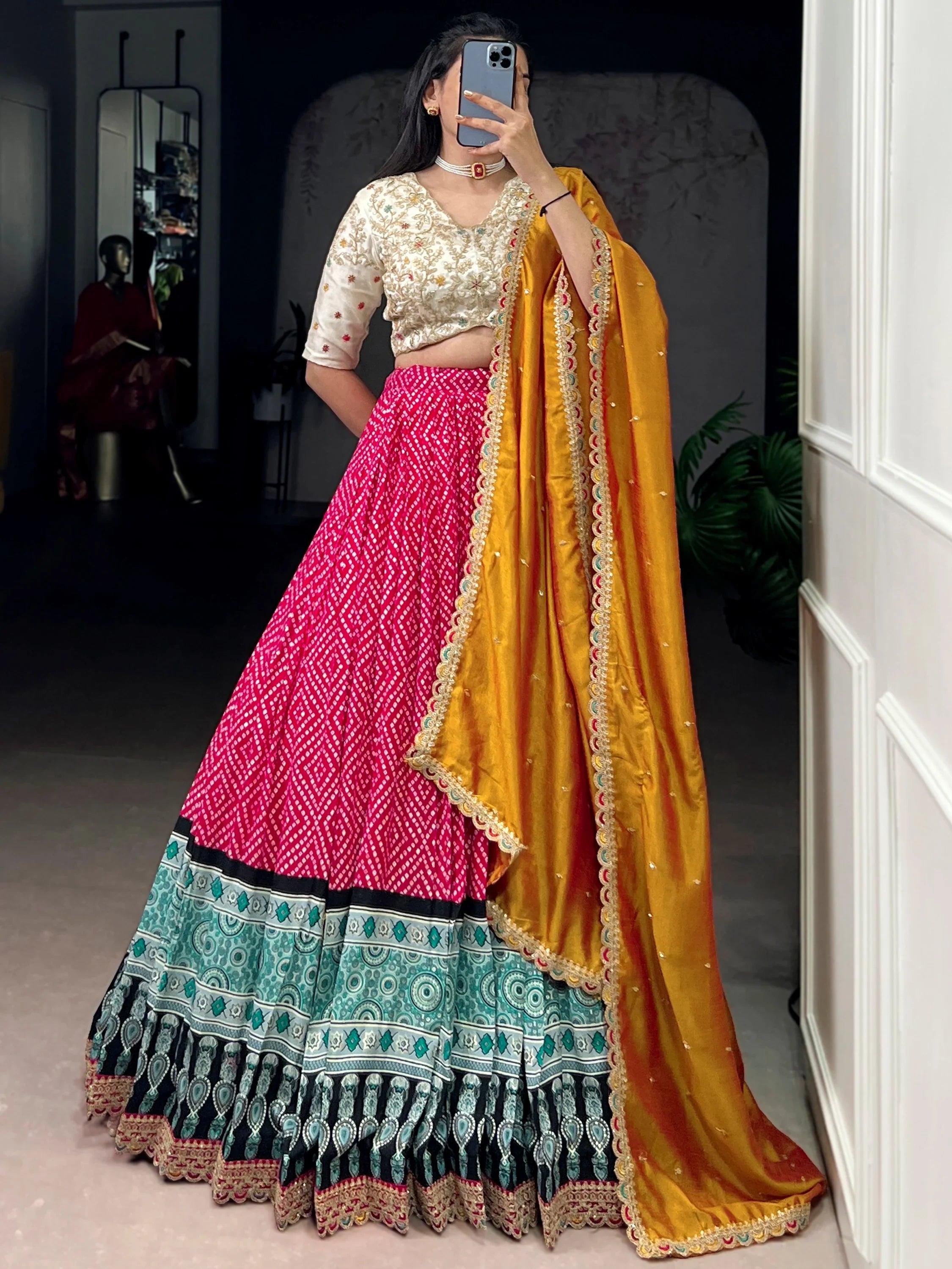 Awesome Pink Bandhani Printed Rayon Festival Wear Lehenga Choli
