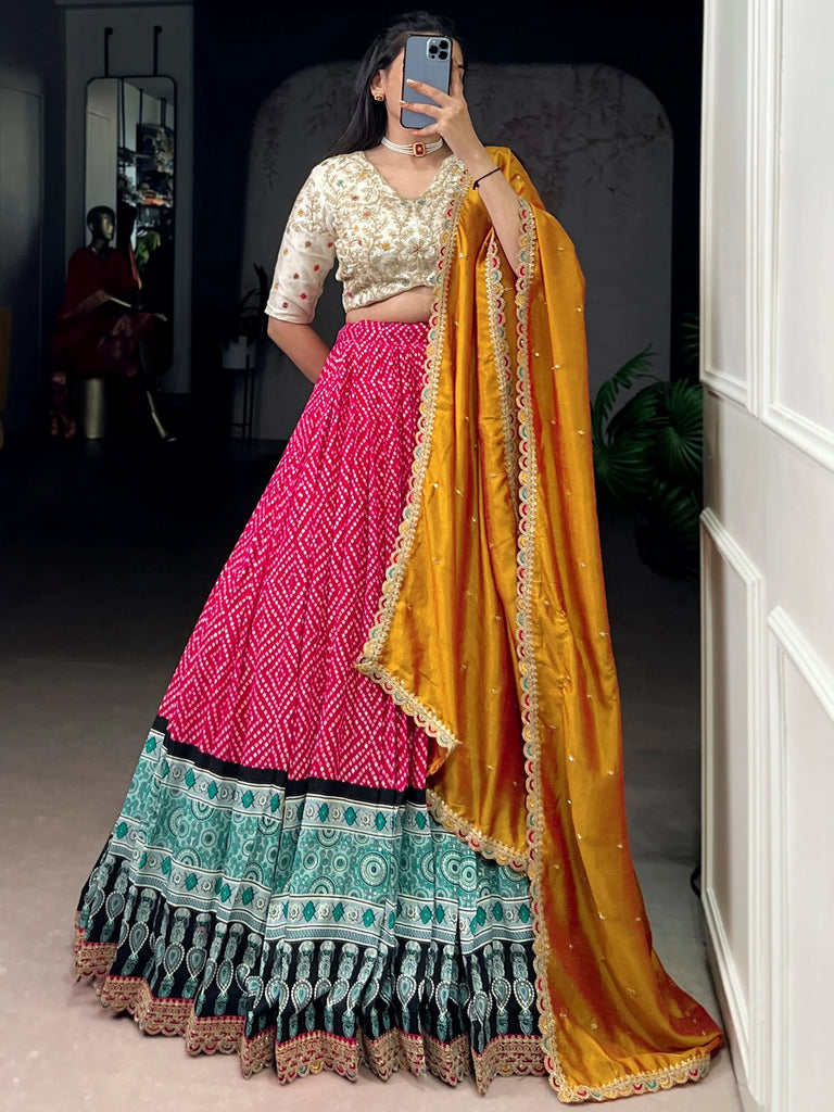 Awesome Pink Bandhani Printed Rayon Festival Wear Lehenga Choli