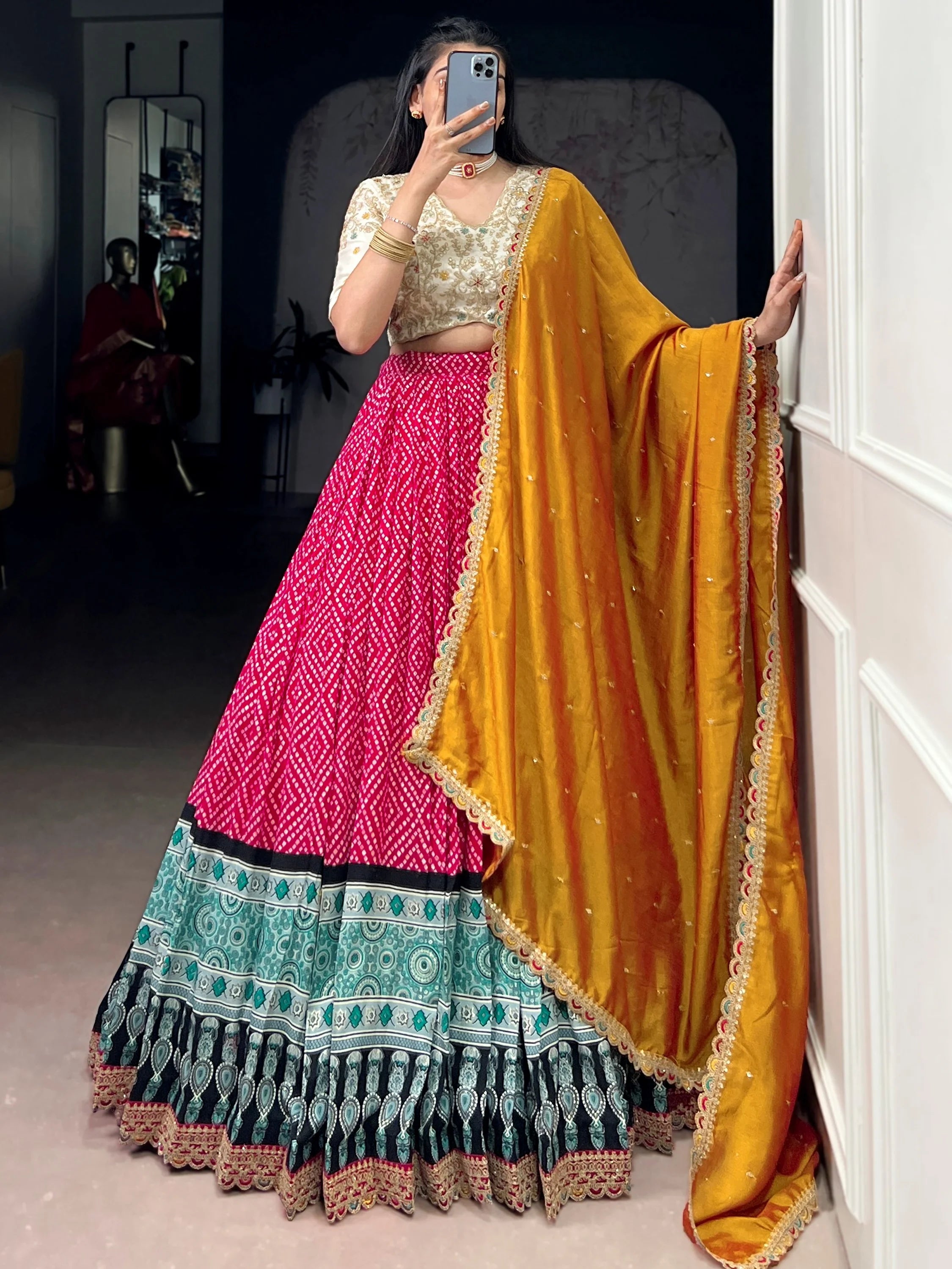 Awesome Pink Bandhani Printed Rayon Festival Wear Lehenga Choli