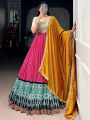 Awesome Pink Bandhani Printed Rayon Festival Wear Lehenga Choli