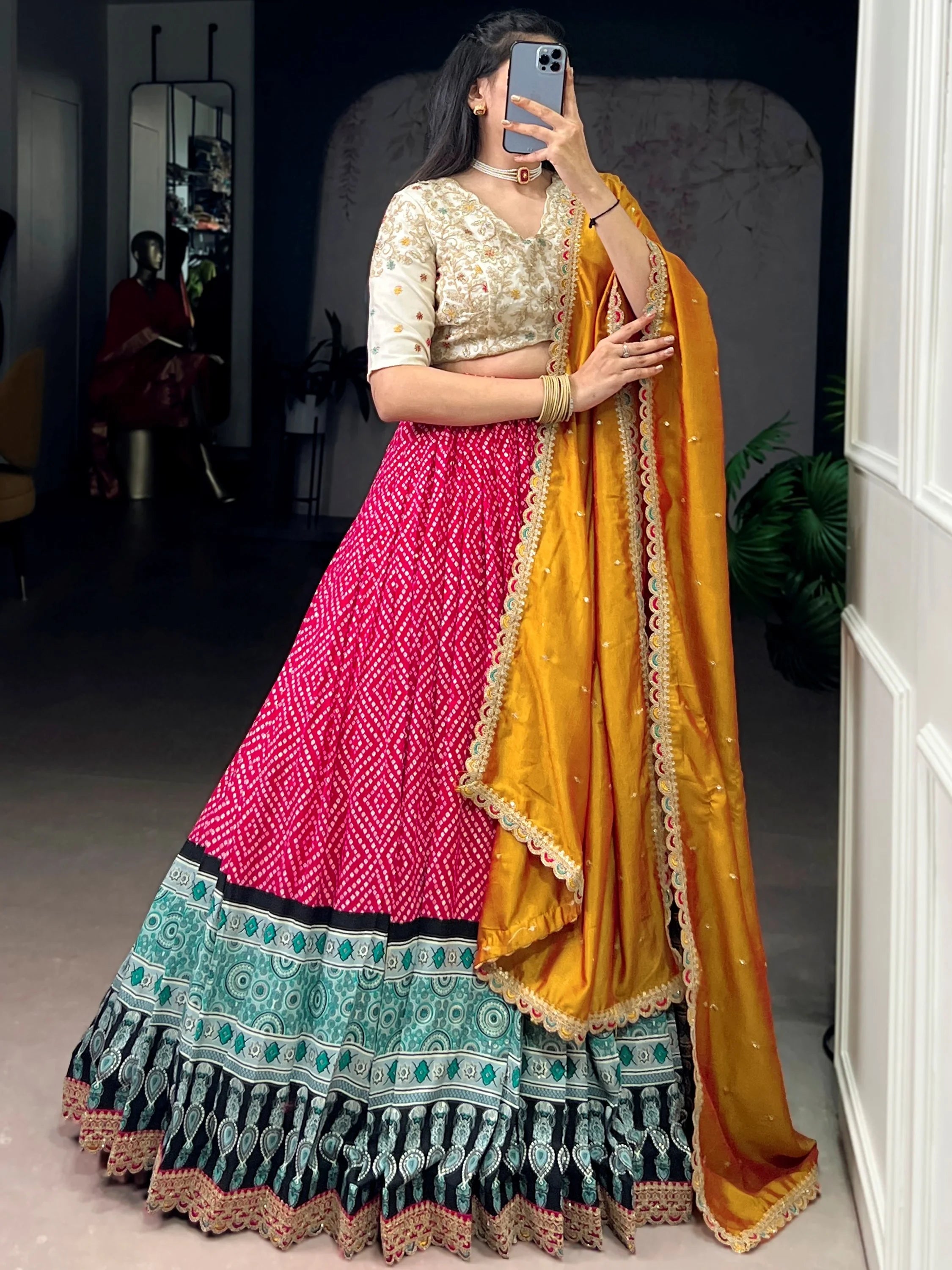 Awesome Pink Bandhani Printed Rayon Festival Wear Lehenga Choli