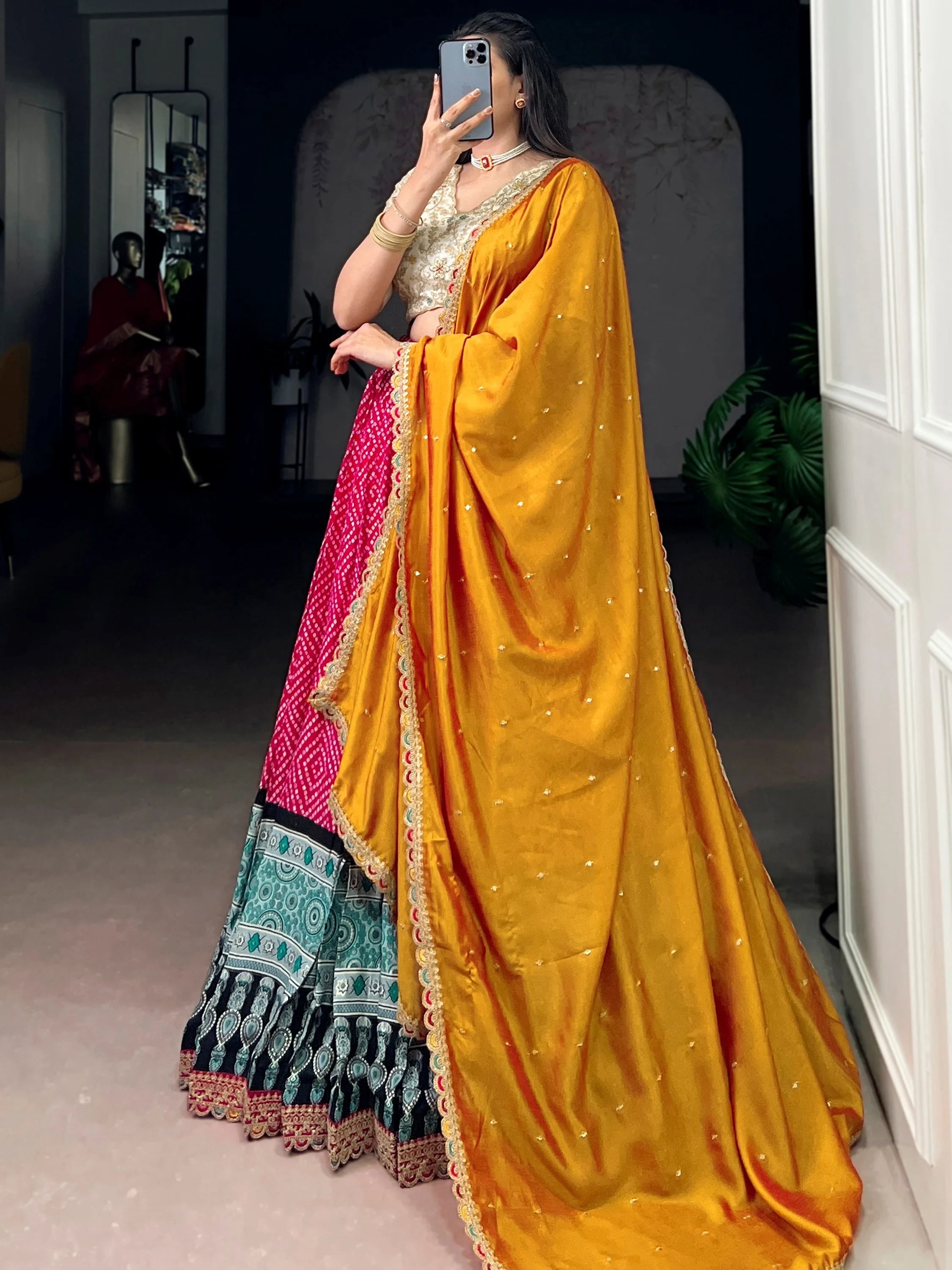 Awesome Pink Bandhani Printed Rayon Festival Wear Lehenga Choli