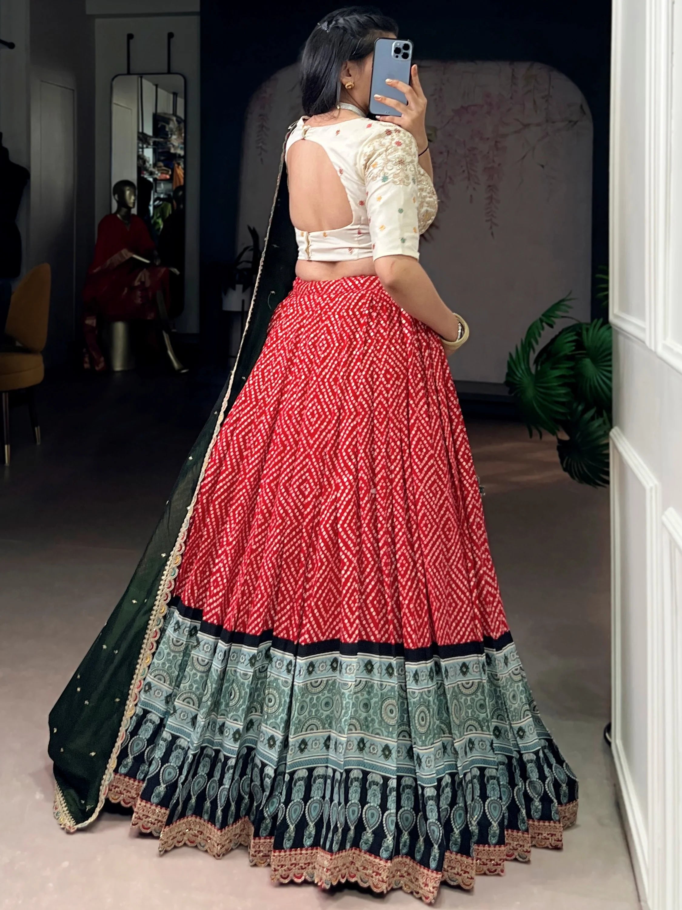 Glamorous Red Bandhani Printed Rayon Function Wear Lehenga Choli