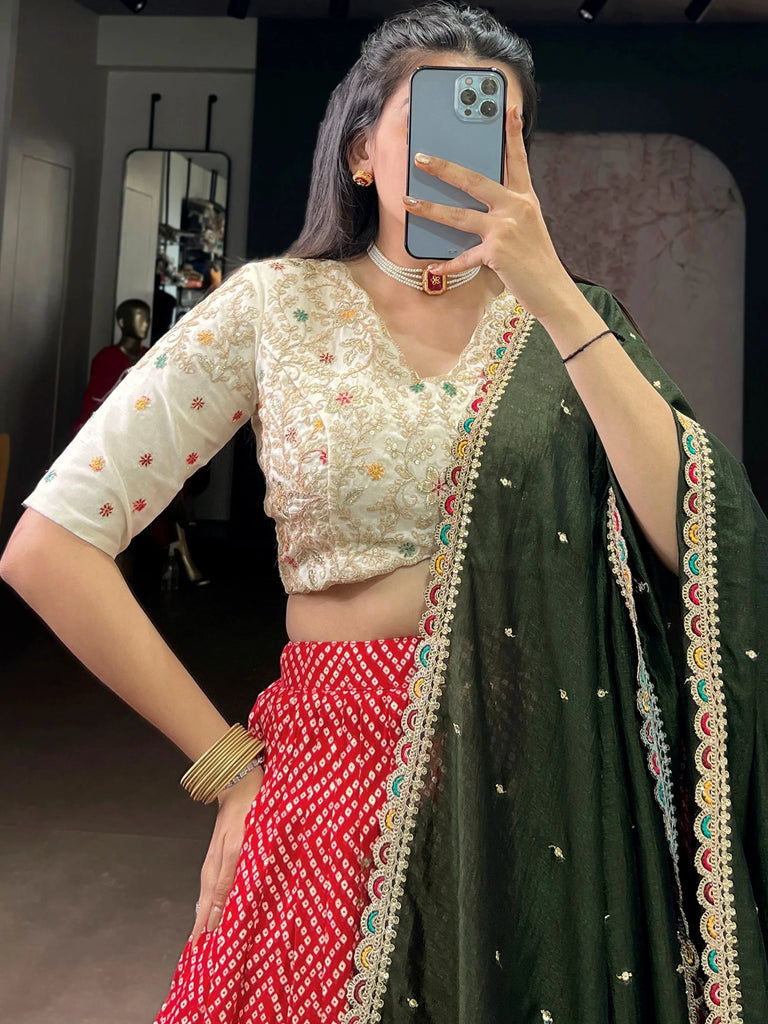 Glamorous Red Bandhani Printed Rayon Function Wear Lehenga Choli