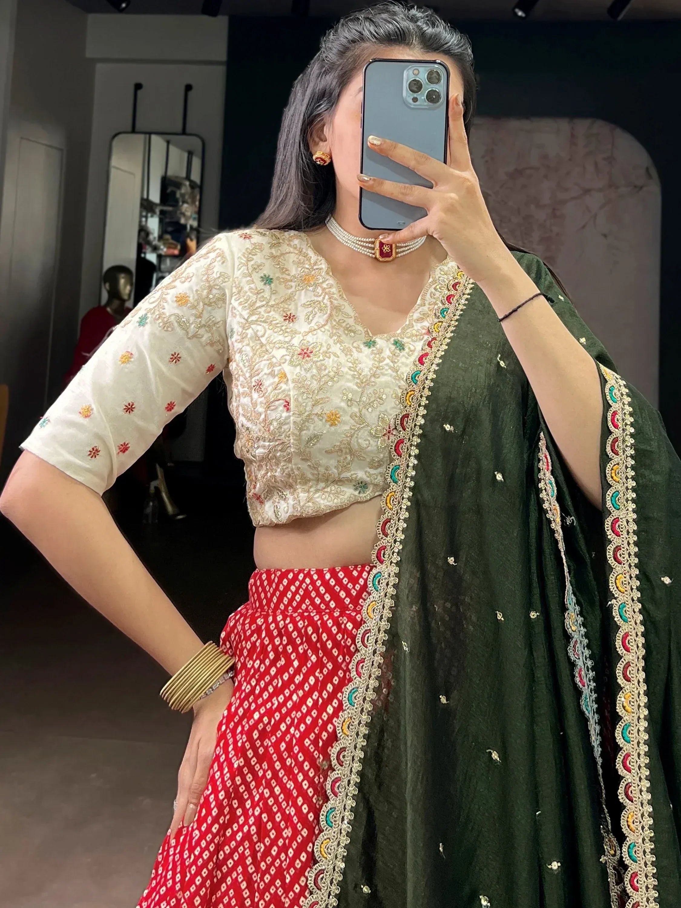 Glamorous Red Bandhani Printed Rayon Function Wear Lehenga Choli