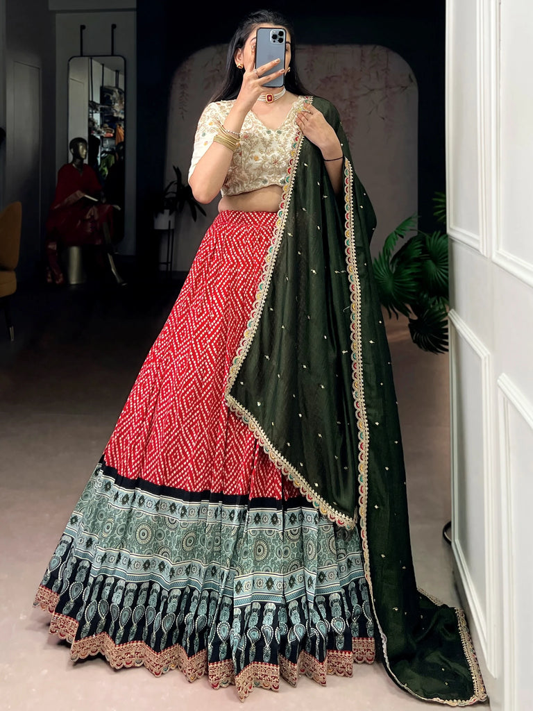 Glamorous Red Bandhani Printed Rayon Function Wear Lehenga Choli