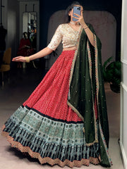 Glamorous Red Bandhani Printed Rayon Function Wear Lehenga Choli