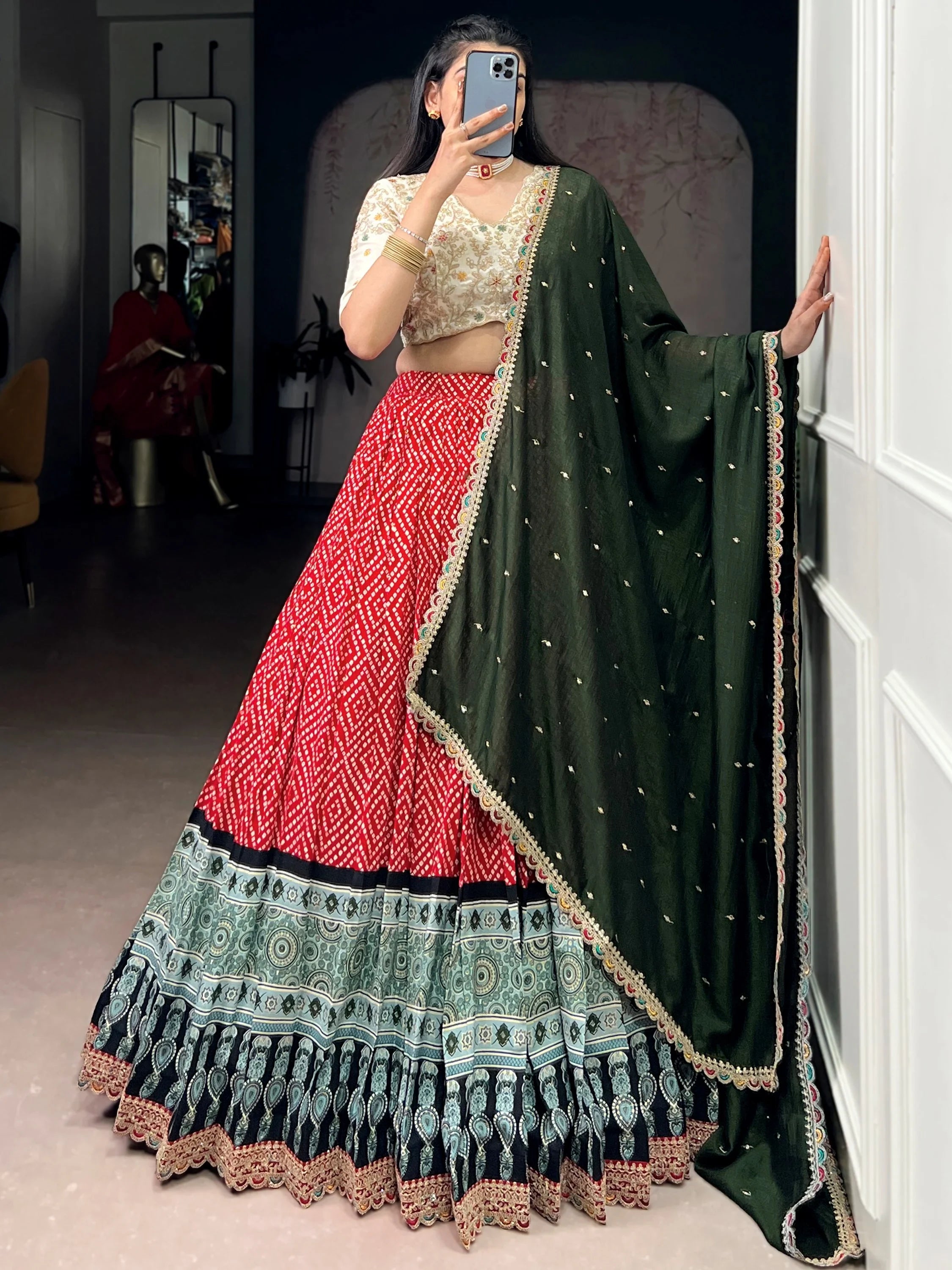 Glamorous Red Bandhani Printed Rayon Function Wear Lehenga Choli