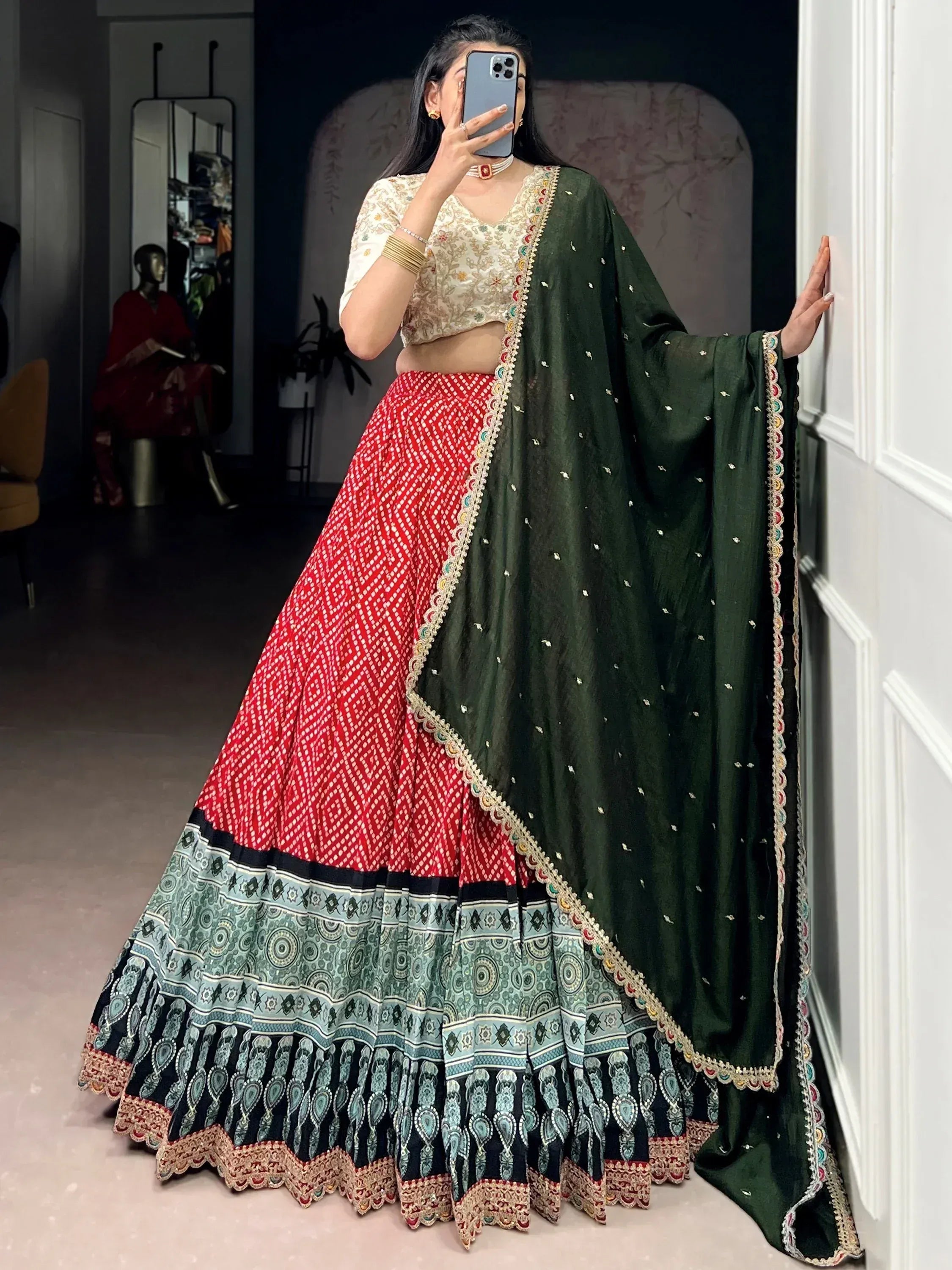 Glamorous Red Bandhani Printed Rayon Function Wear Lehenga Choli
