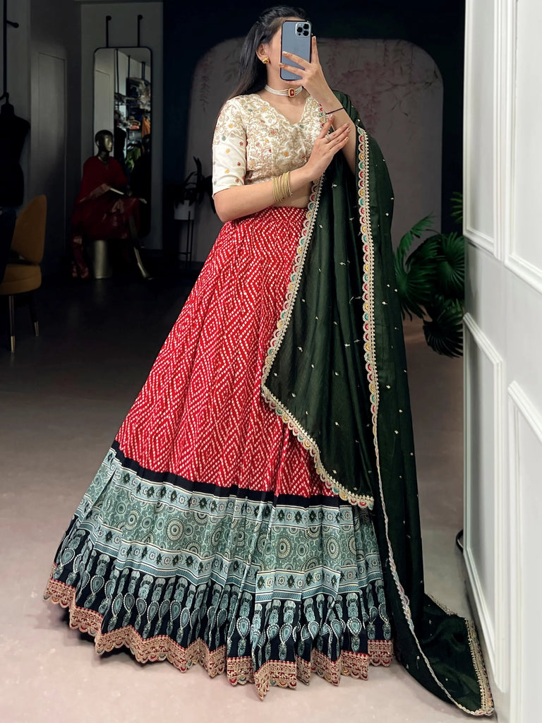 Glamorous Red Bandhani Printed Rayon Function Wear Lehenga Choli