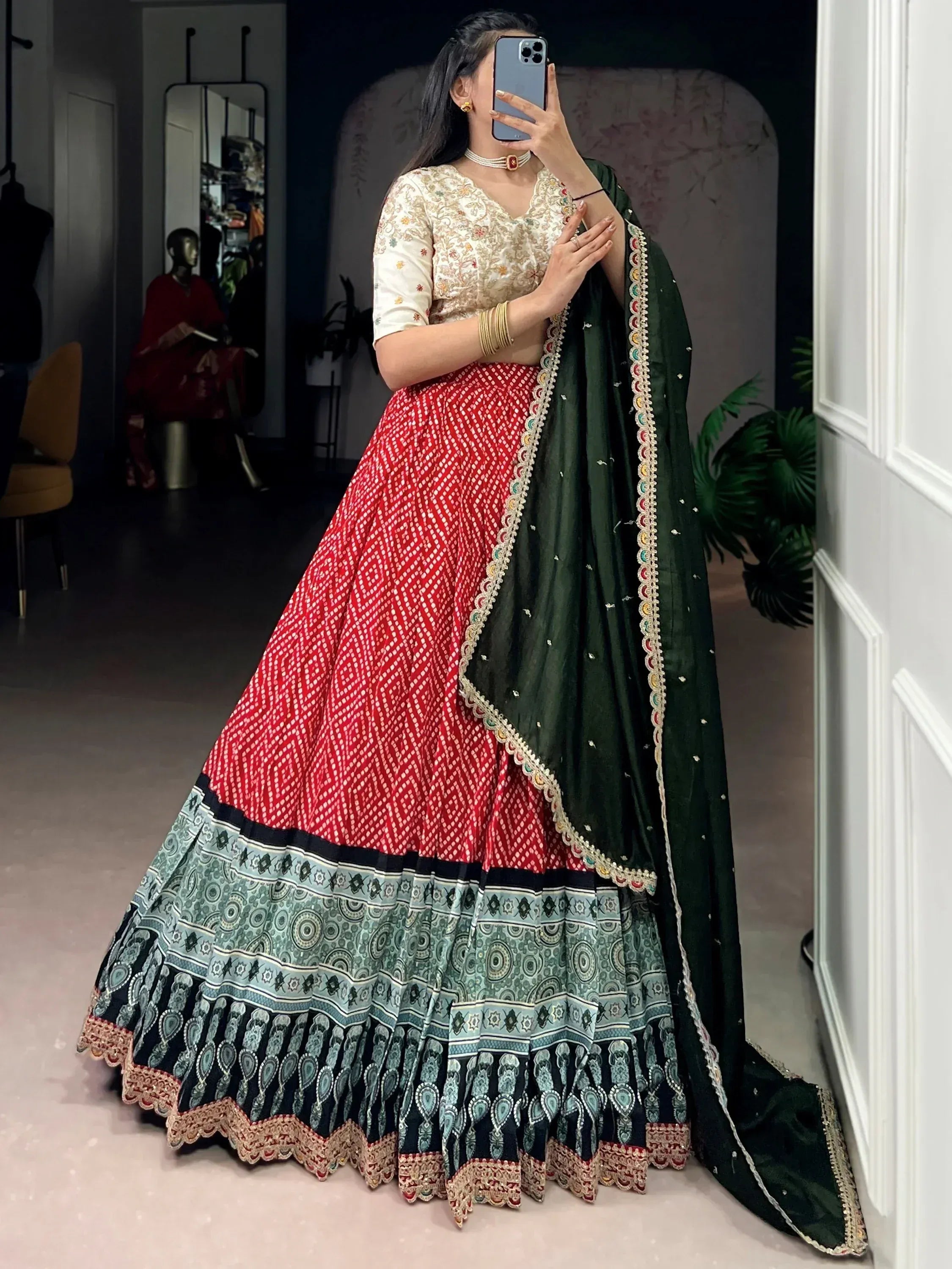Glamorous Red Bandhani Printed Rayon Function Wear Lehenga Choli