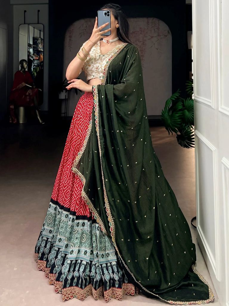Glamorous Red Bandhani Printed Rayon Function Wear Lehenga Choli