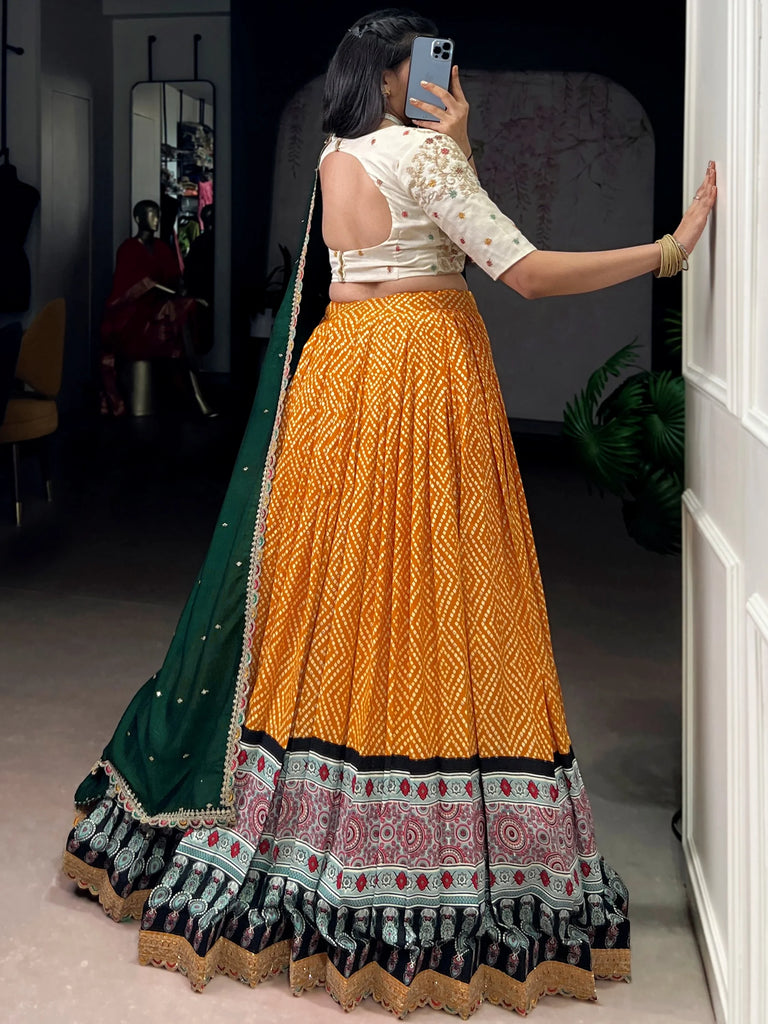 Gorgeous Yellow Bandhani Printed Rayon Haldi Wear Lehenga Choli