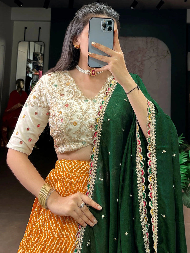 Gorgeous Yellow Bandhani Printed Rayon Haldi Wear Lehenga Choli