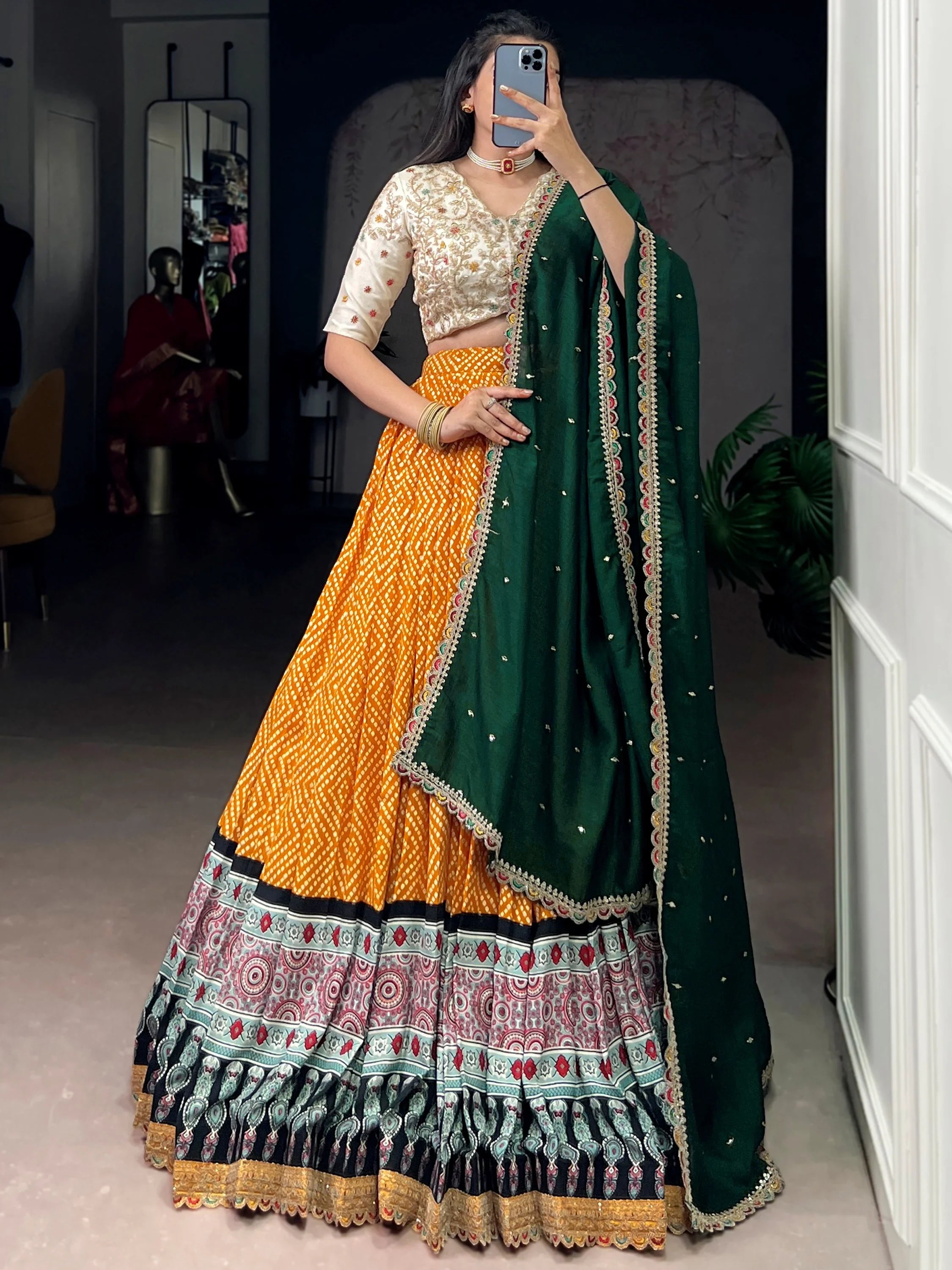 Gorgeous Yellow Bandhani Printed Rayon Haldi Wear Lehenga Choli