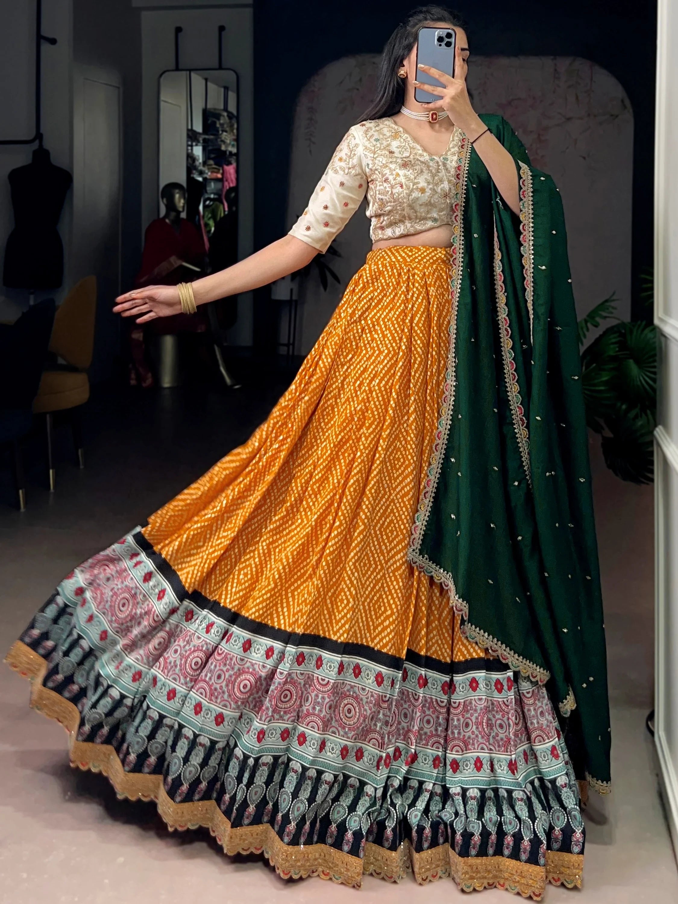 Gorgeous Yellow Bandhani Printed Rayon Haldi Wear Lehenga Choli