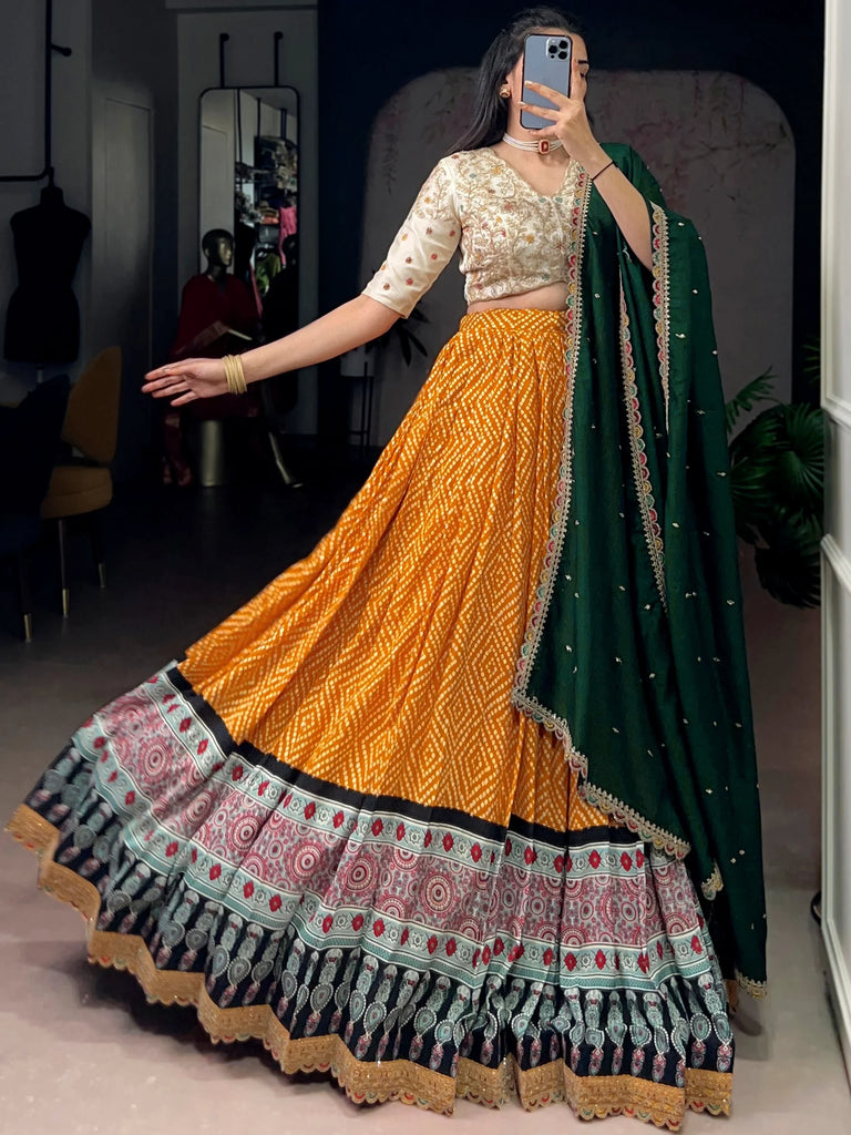 Gorgeous Yellow Bandhani Printed Rayon Haldi Wear Lehenga Choli