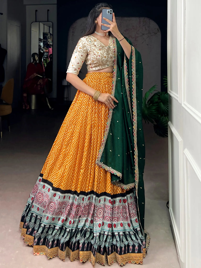 Gorgeous Yellow Bandhani Printed Rayon Haldi Wear Lehenga Choli