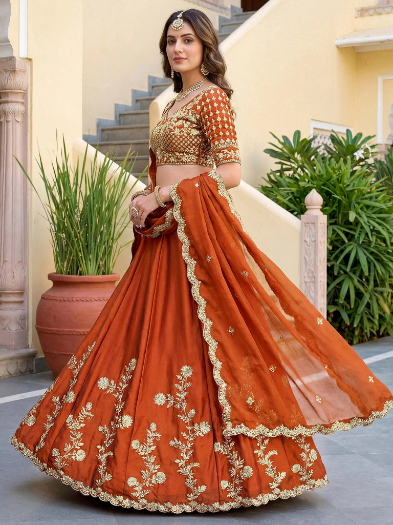 Precious Orange Embroidered Silk Wedding Wear Plus Size Lehenga Choli