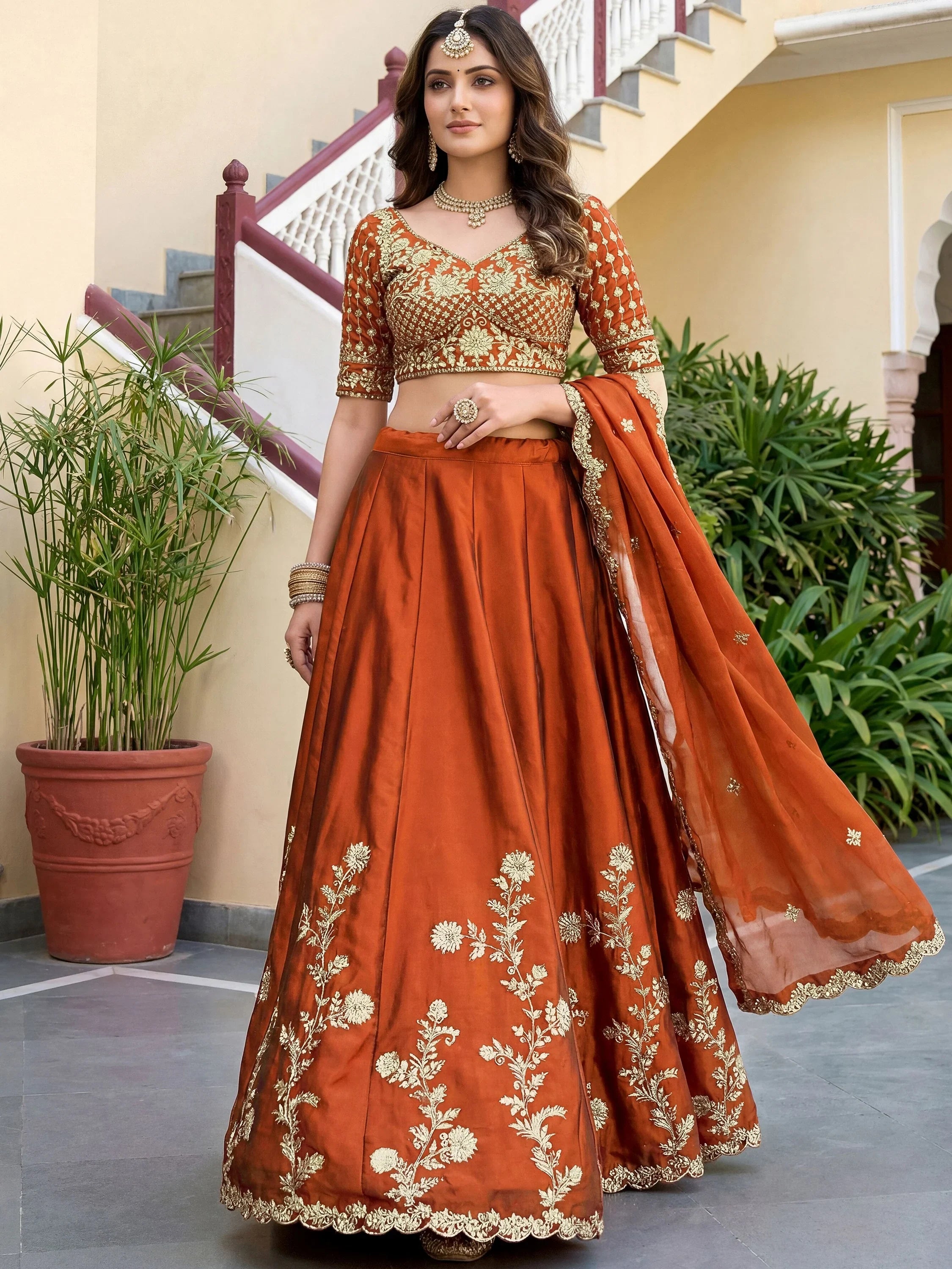 Precious Orange Embroidered Silk Wedding Wear Plus Size Lehenga Choli