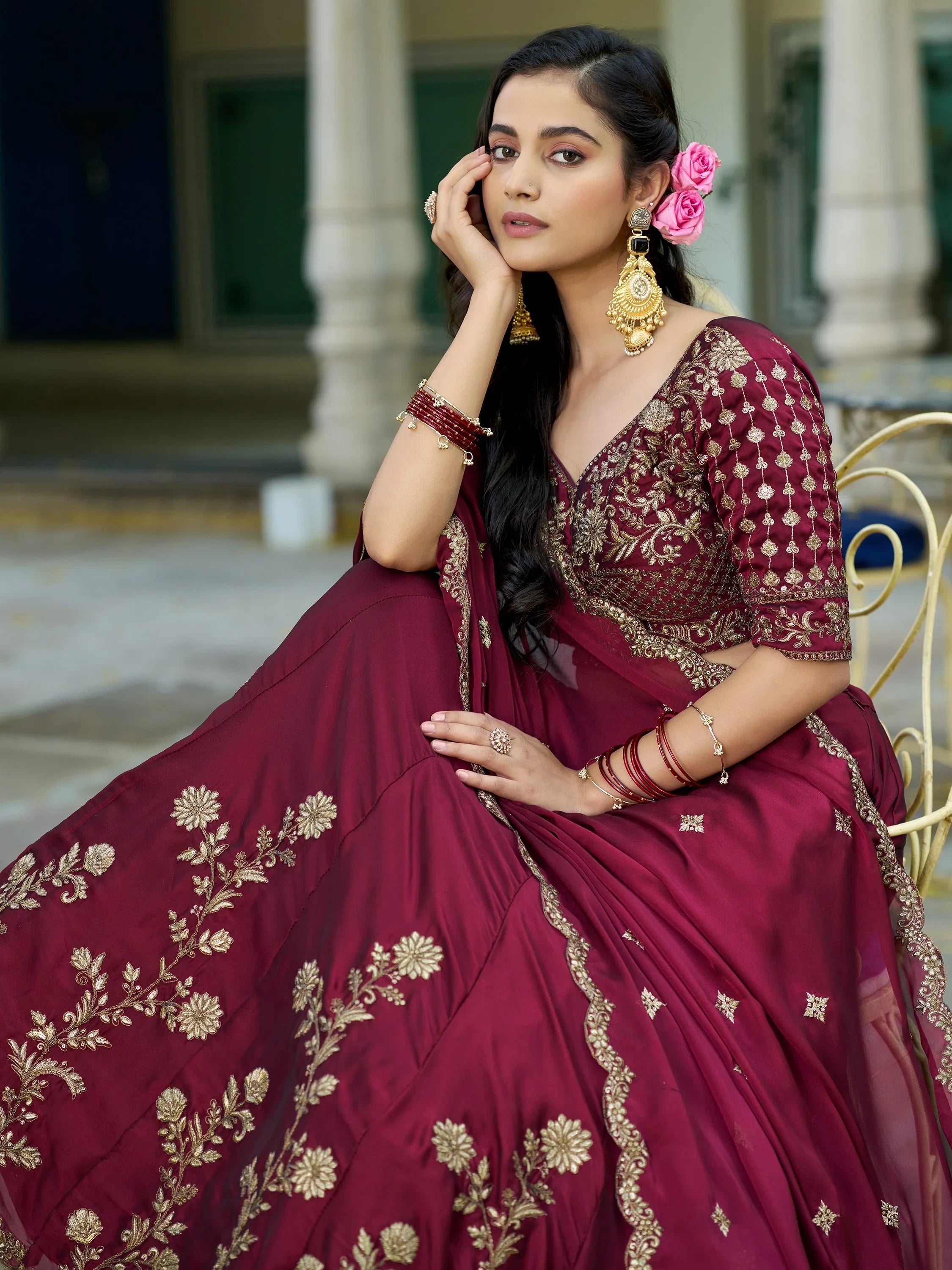 Elegant Maroon Sequins Work Silk Wedding Wear Lehenga Choli 