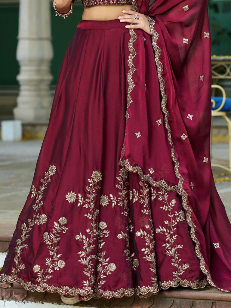 Elegant Maroon Sequins Work Silk Wedding Wear Lehenga Choli 