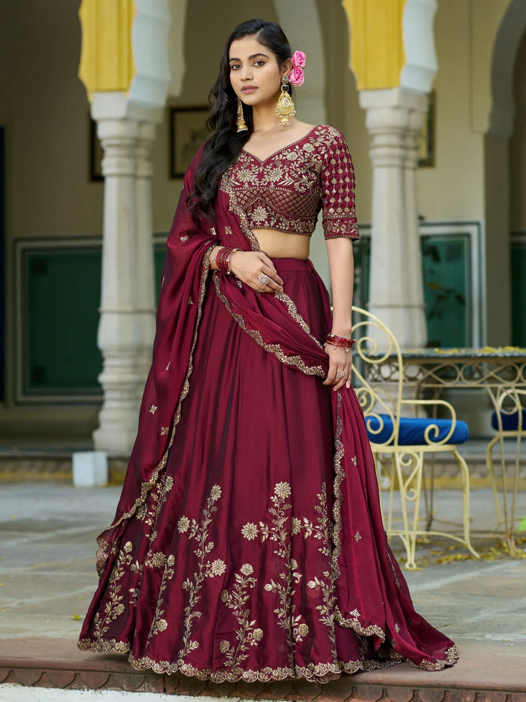 Elegant Maroon Sequins Work Silk Wedding Wear Lehenga Choli 