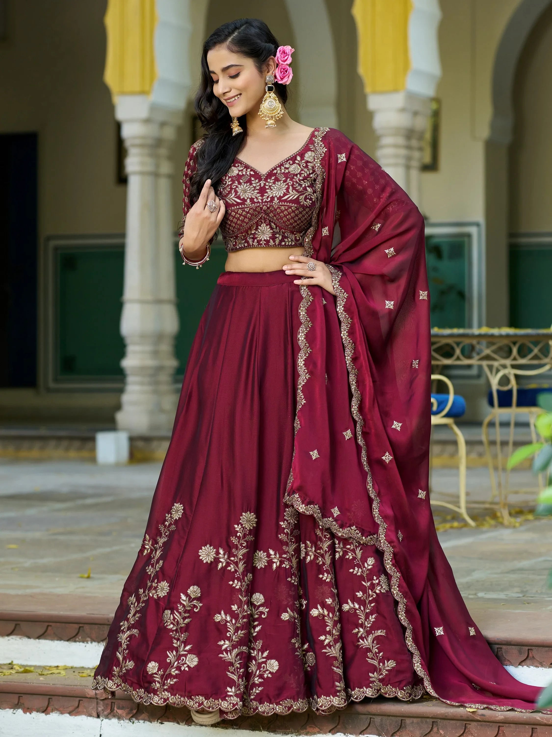 Elegant Maroon Sequins Work Silk Wedding Wear Lehenga Choli 