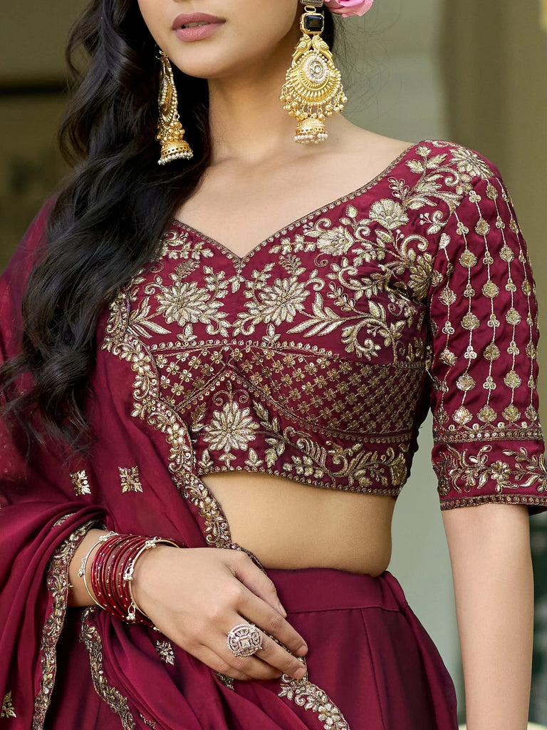 Elegant Maroon Sequins Work Silk Wedding Wear Lehenga Choli 