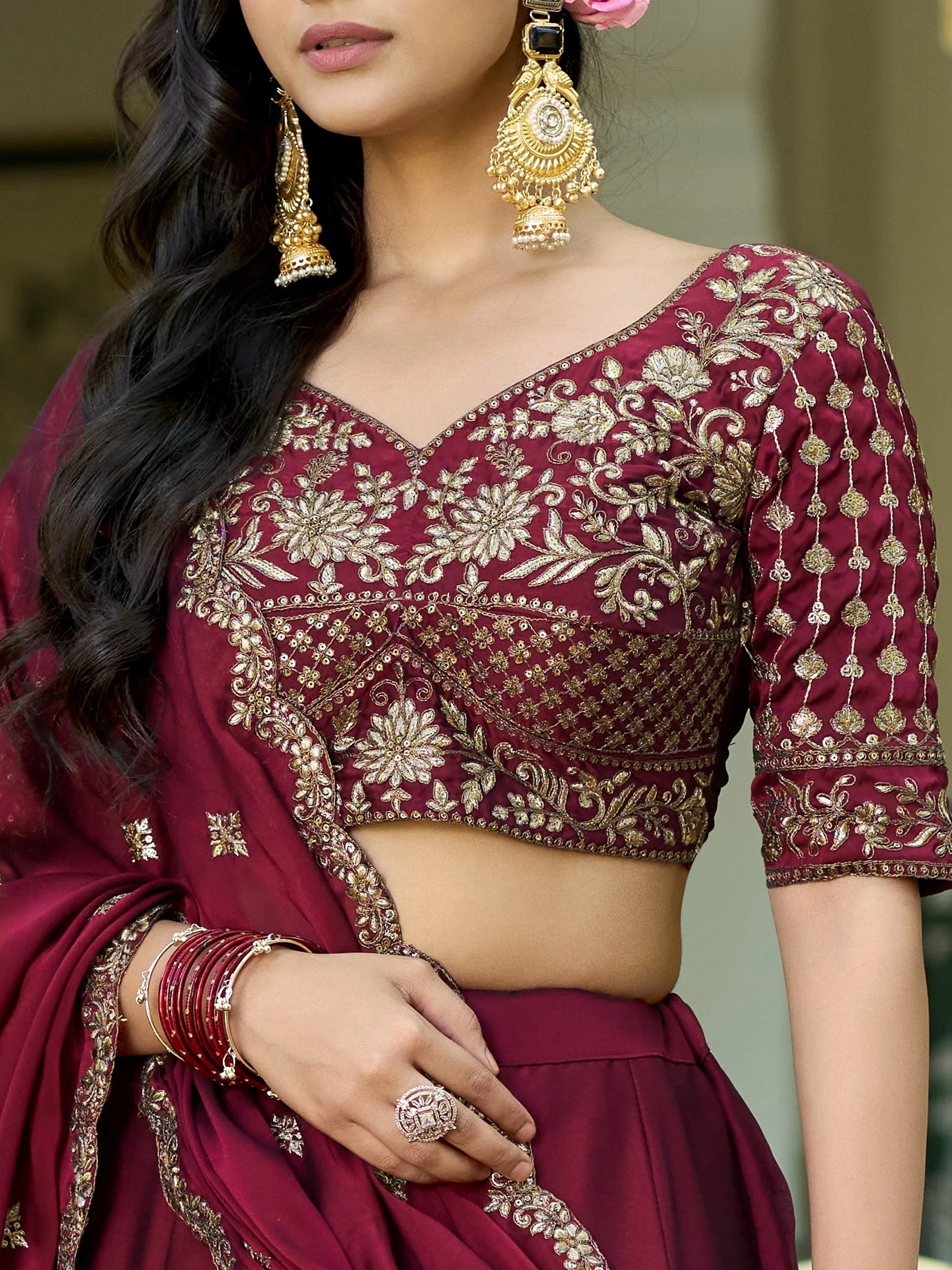 Elegant Maroon Sequins Work Silk Wedding Wear Lehenga Choli 