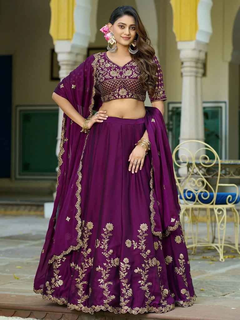Dazzling Wine Floral Embroidered Silk Festival Wear Lehenga Choli