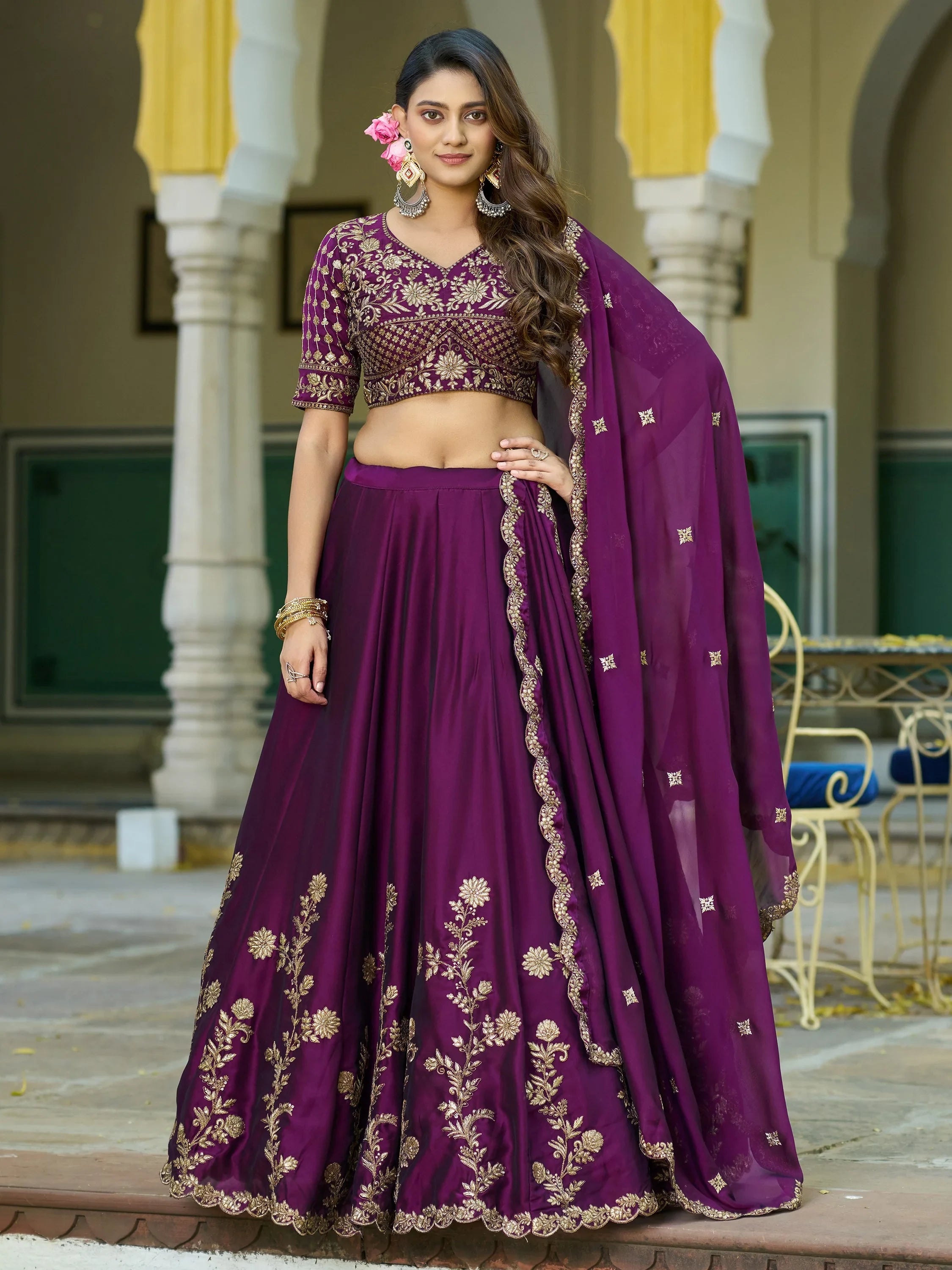 Dazzling Wine Floral Embroidered Silk Festival Wear Lehenga Choli