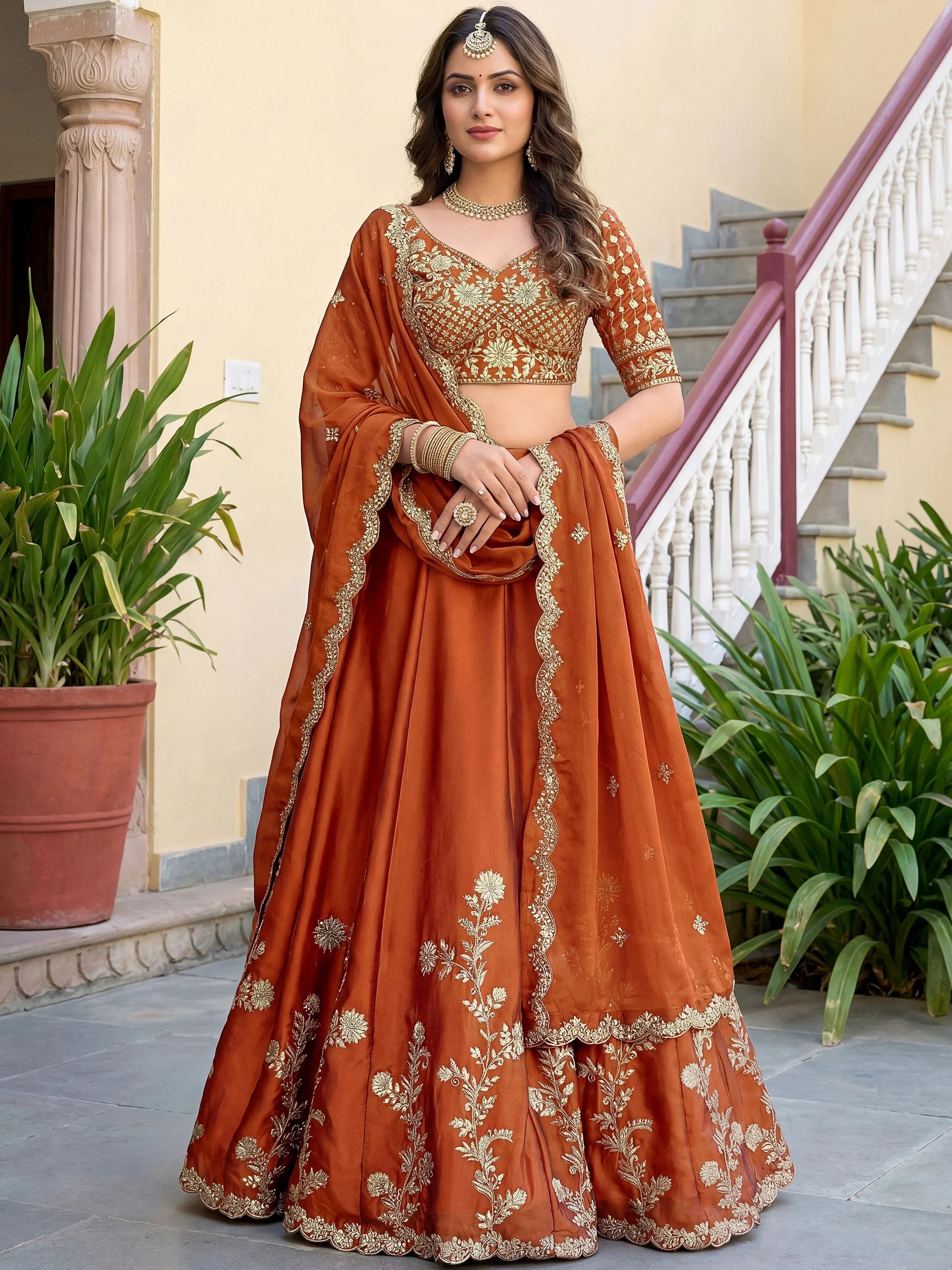 Precious Orange Embroidered Silk Wedding Wear Plus Size Lehenga Choli