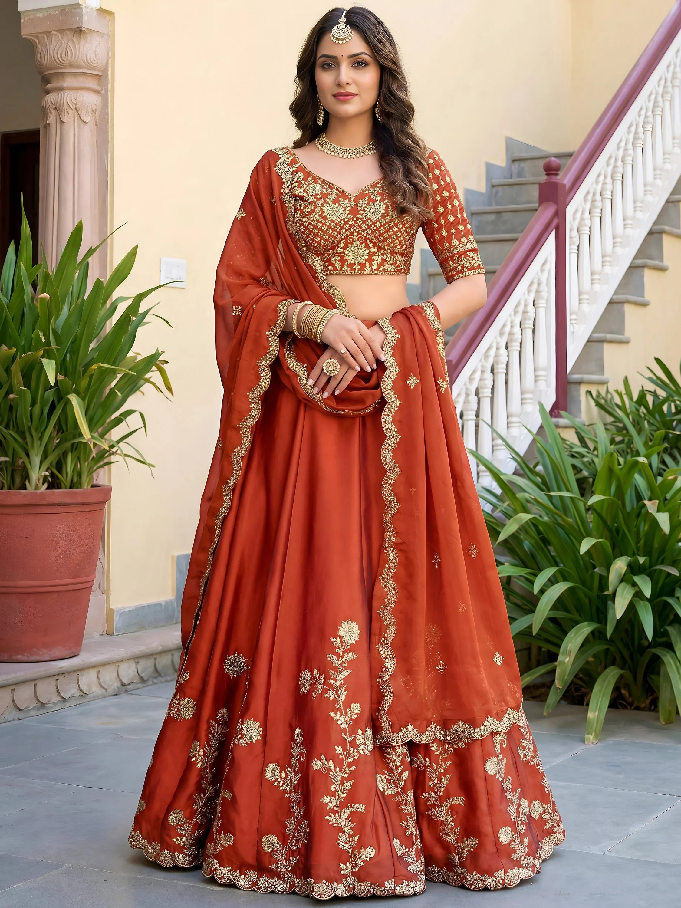 Captivating Orange Thread Embroidered Silk Wedding Wear Lehenga Choli
