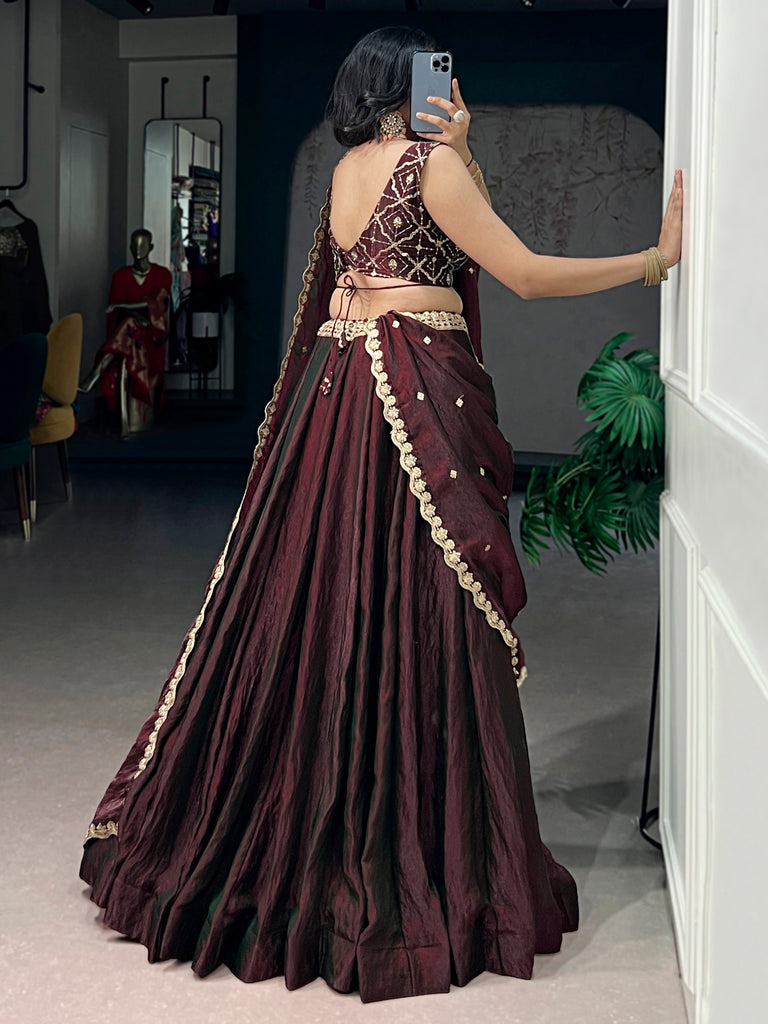 Fashionable Maroon Sequins Silk Engagement Wear Lehenga With Blouse